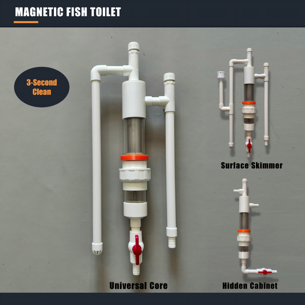 A&Aqua Pro Magnetic Fish Toilet pre-filter system collection featuring Universal Core, Surface Skimmer, and Hidden Cabinet editions