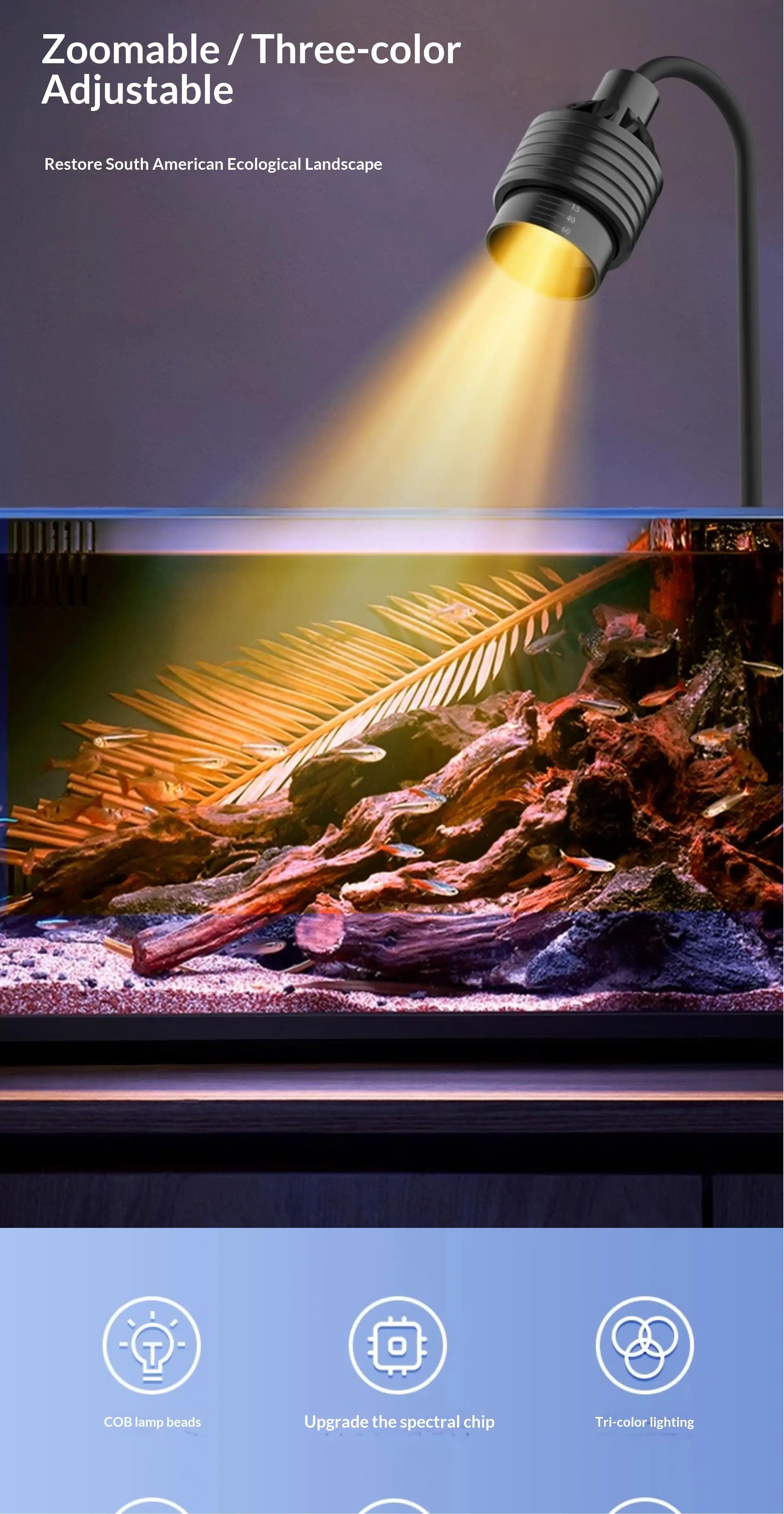 Zoomable Aquarium Clip Light attached to a rimless tank