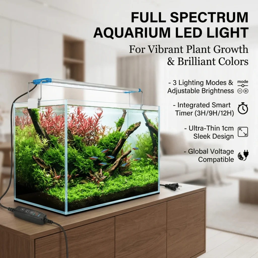 Full-spectrum aquarium LED light Vibrant colors of fish and aquatic plants under natural sunlight illumination