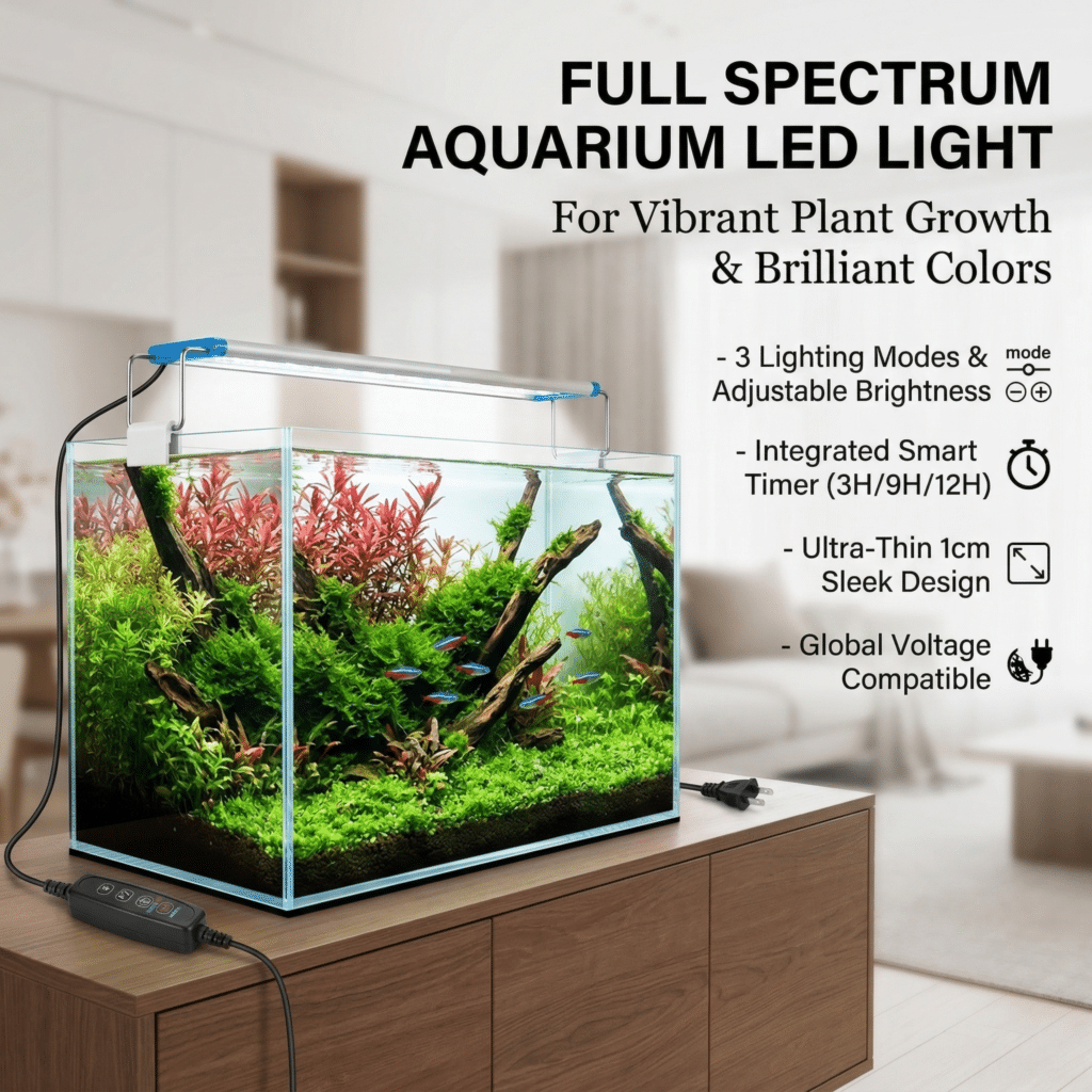 Full-spectrum aquarium LED light, front view with adjustable mounting clips