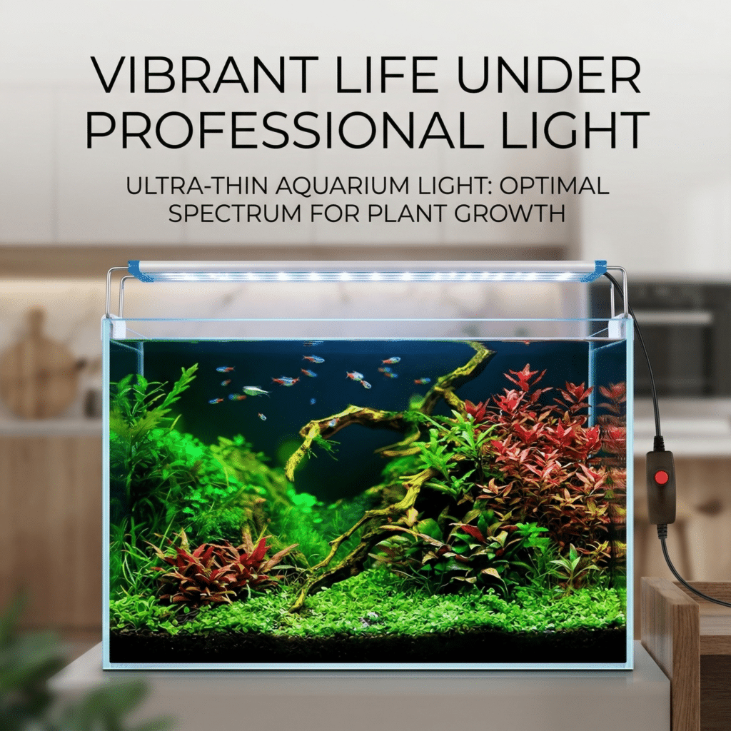 Planted aquarium light illuminating lush green aquatic plants in a freshwater tank