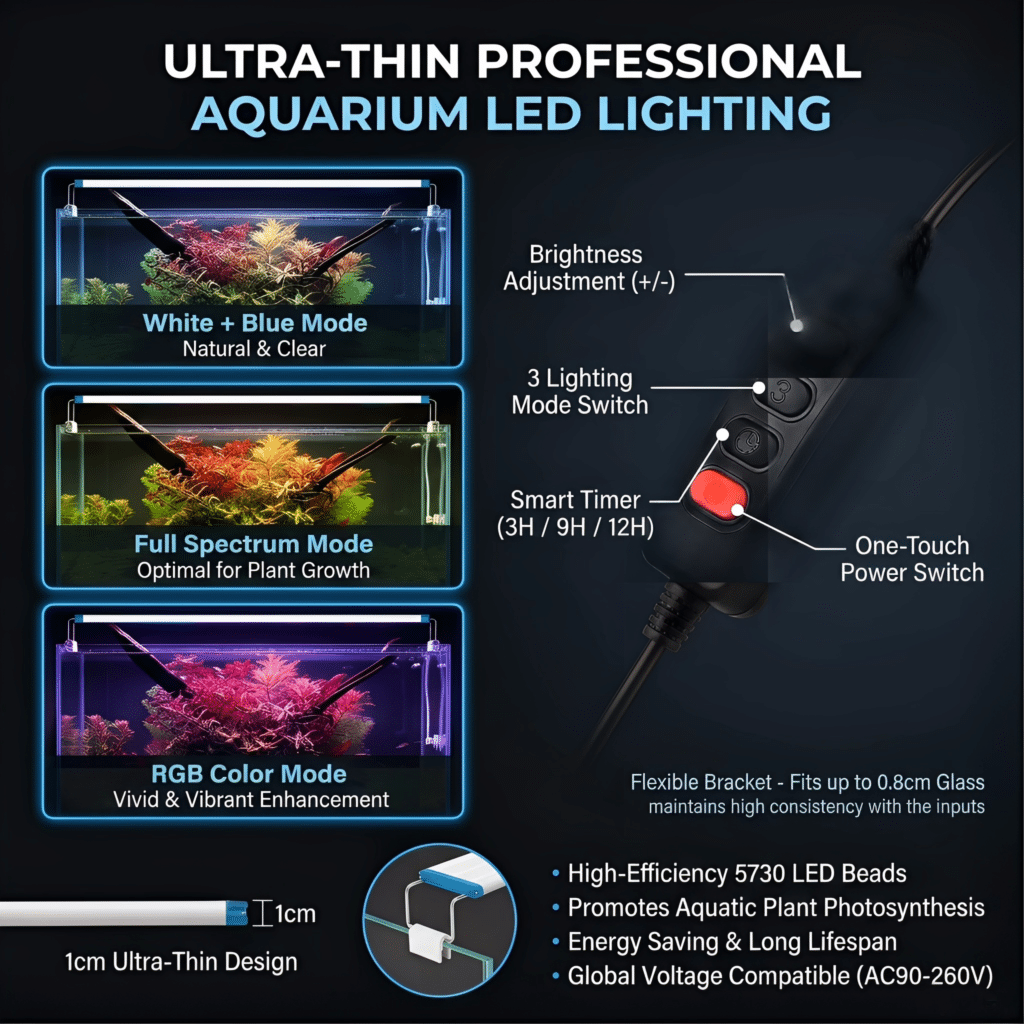 Close-up of power input and dimming control buttons on aquarium light