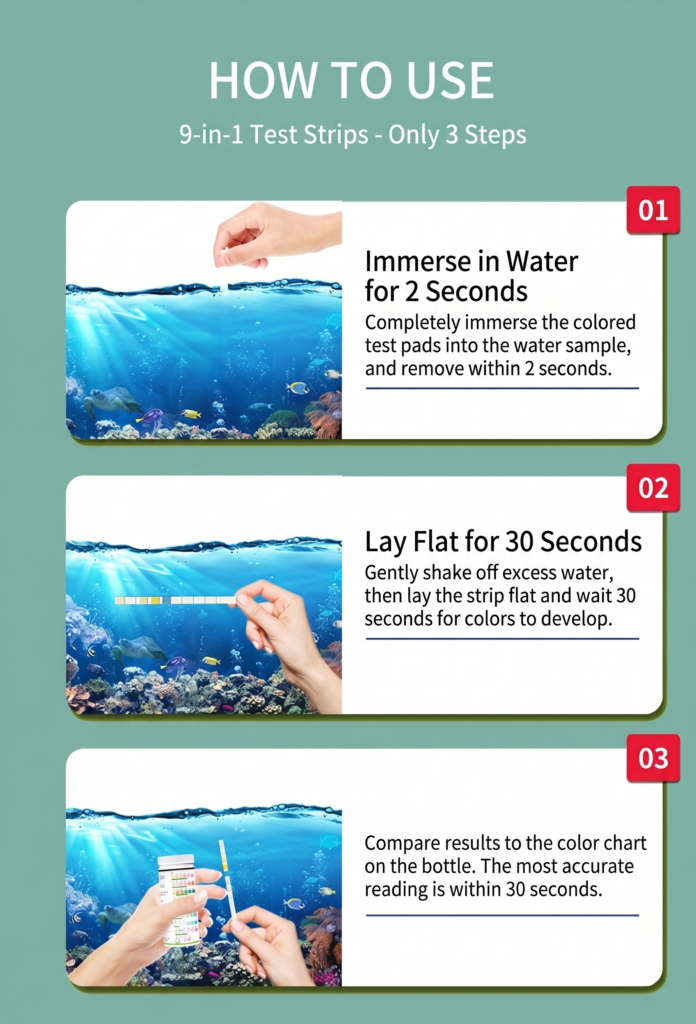 How to use 9-in-1 aquarium test strips in 3 easy steps dip hold and read