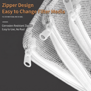 Close-up of rust-proof plastic zipper on fish tank filter mesh bag