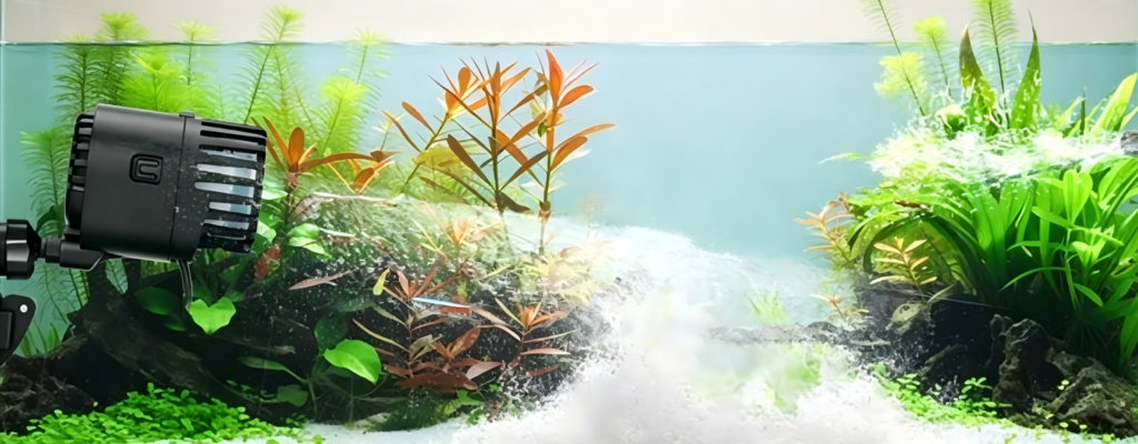 Aquarium wavemaker creating circular water flow to keep sand clean from fish poop