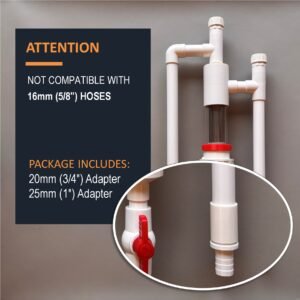 Magnified hose adapters for 25mm aquarium pre-filter, showing 20mm and 25mm plumbing connectors.