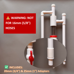 Magnified hose adapters for 25mm aquarium pre-filter, showing 20mm and 25mm plumbing connectors.