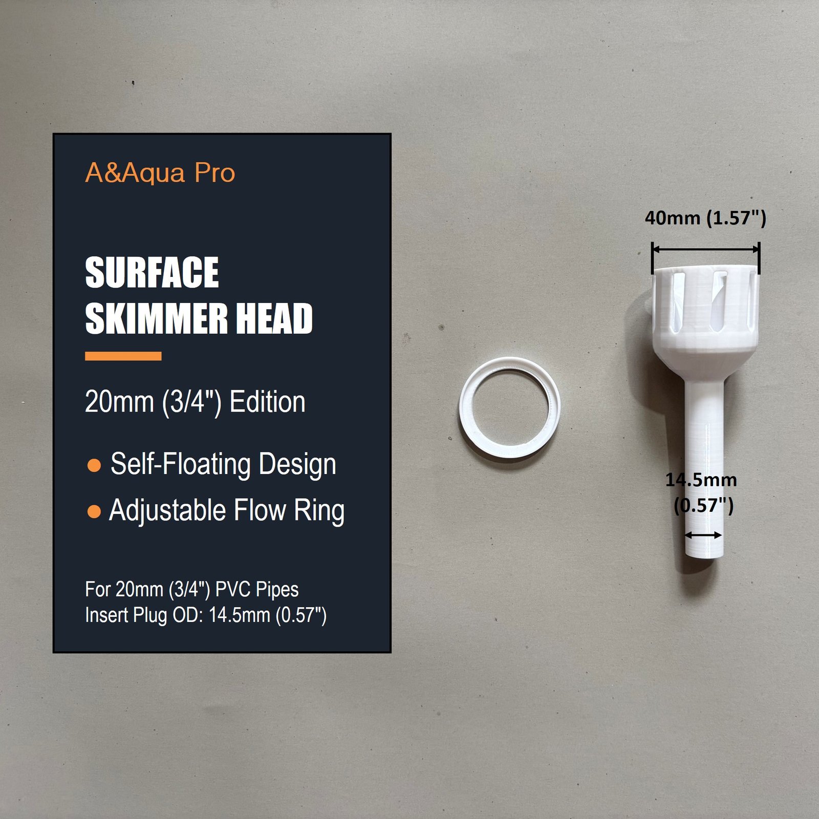 A&Aqua Pro 20mm PVC aquarium surface skimmer head attachment size specifications