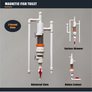 A&Aqua Pro Magnetic Fish Toilet pre-filter system collection featuring Universal Core, Surface Skimmer, and Hidden Cabinet editions