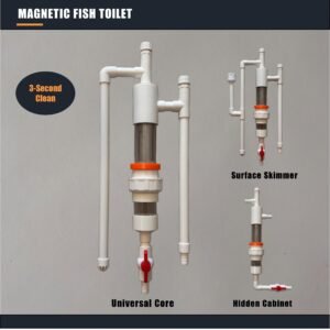 A&Aqua Pro Magnetic Fish Toilet pre-filter system collection featuring Universal Core, Surface Skimmer, and Hidden Cabinet editions