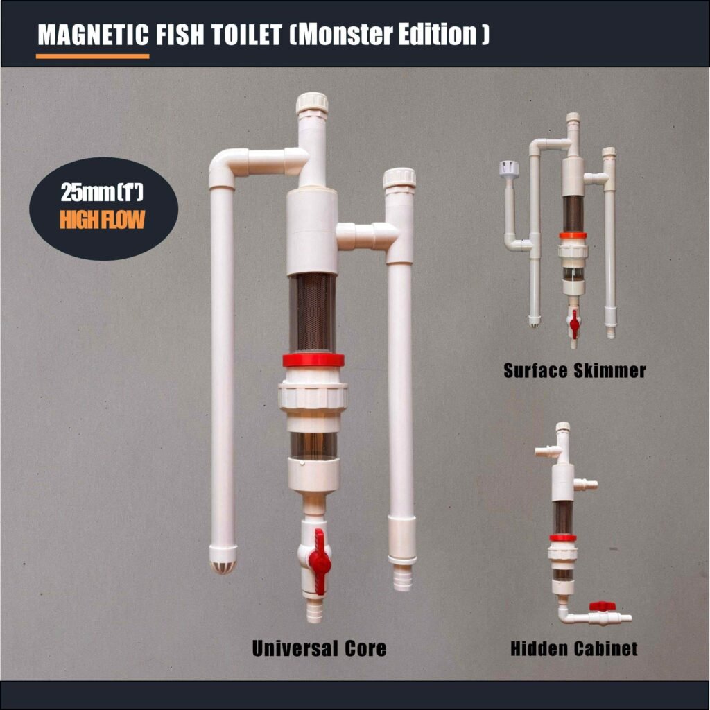 A&Aqua Pro magnetic fish toilet pre filter collection - 25mm Monster Edition high flow system featuring Universal, Surface Skimmer, and Hidden Cabinet setups