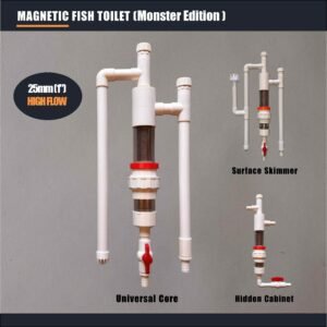 A&Aqua Pro magnetic fish toilet pre filter collection - 25mm Monster Edition high flow system featuring Universal, Surface Skimmer, and Hidden Cabinet setups