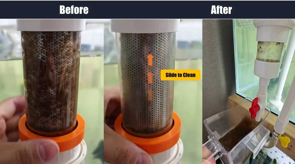 Three-step fish toilet filter cleaning: waste trapped in chamber, magnetic ring wiping mesh, bottom valve flushing sludge