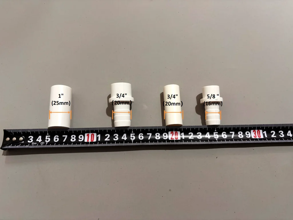 Fish toilet filter hose size comparison showing 16mm, 20mm and 25mm fittings next to a measuring tape